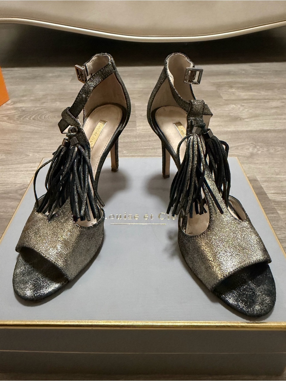 Louise et Cie Metallic Bronze Open-Toe Fringe Ankle-Strap Heels